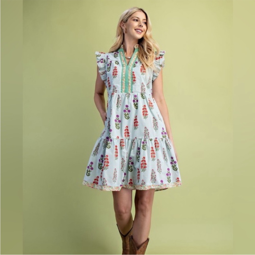 Gigio Floral Ruffle Sleeve Dress Mixed Media Mini Dress 100% Cotton Size Small